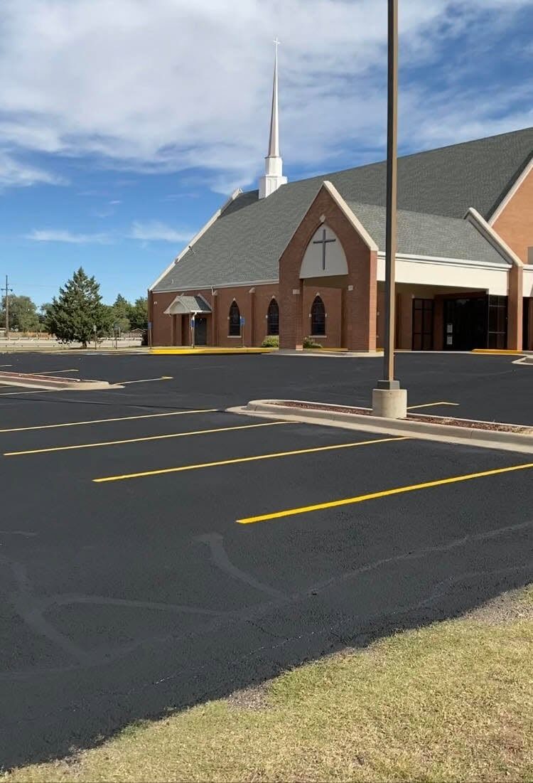 Freshly sealcoated and striped church parking lot