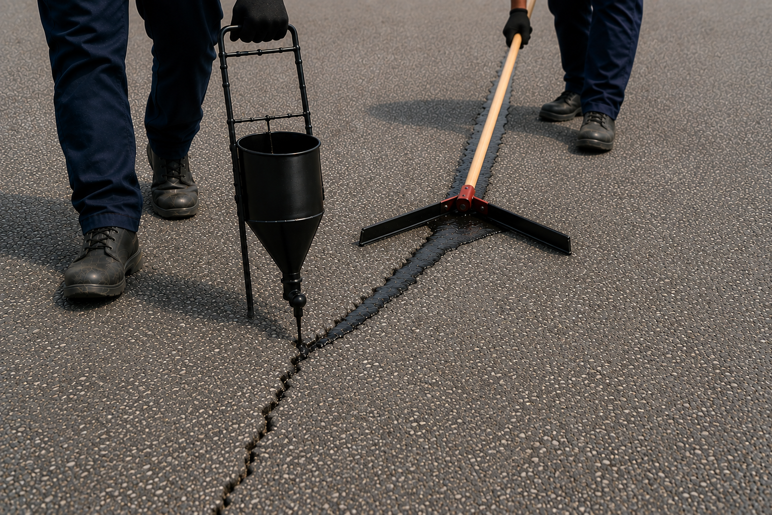 Crew pouring and squeegeeing hot rubberized sealant into a parking lot crack