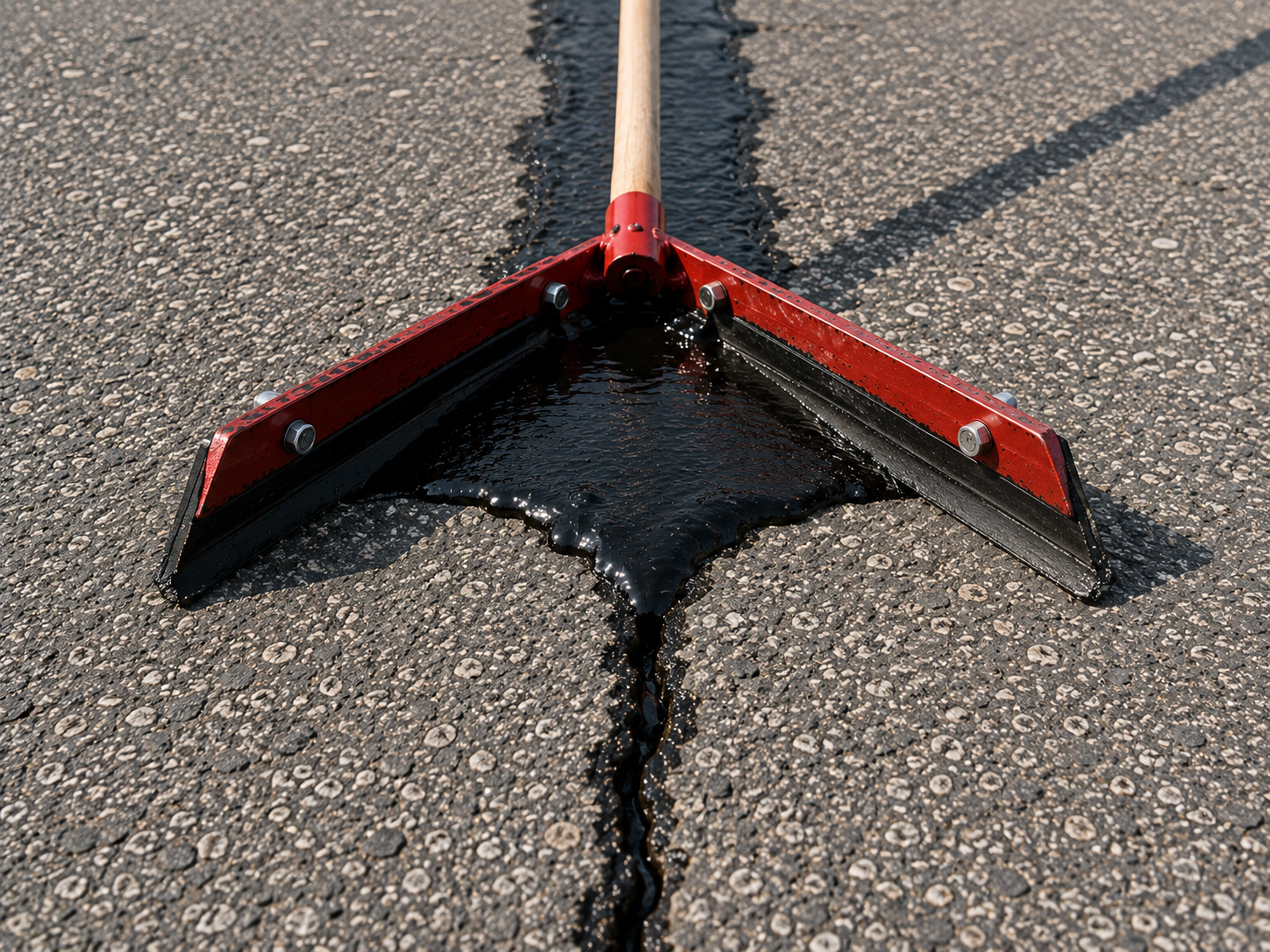 Reversible V-squeegee filling an asphalt crack with hot rubberized sealant